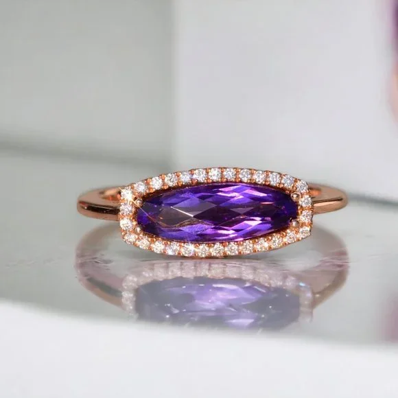 Contemporary Checkerboard Cut Elongated Amethyst and Natural Diamond Halo Ring i